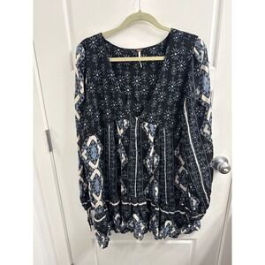 Free People Womens Black Blue Mixed Print Babydoll Tunic Top Long Sleeve Large